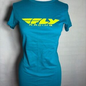 Fly Racing Women's Blue T-Shirt with Yellow Logo